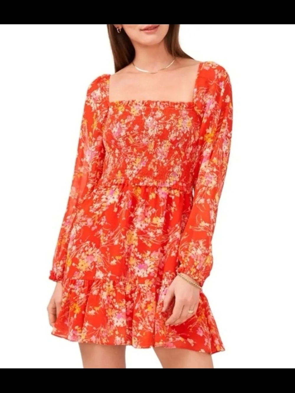 1. STATE Square-Neck Long Sleeve Floral Mini Dress - Red